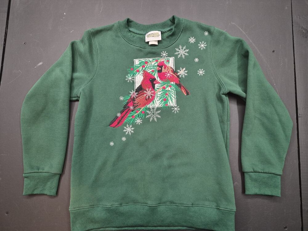 Vtg Womens Collections Med Green Holiday Christmas Sweatshirt Cardinals & Snow